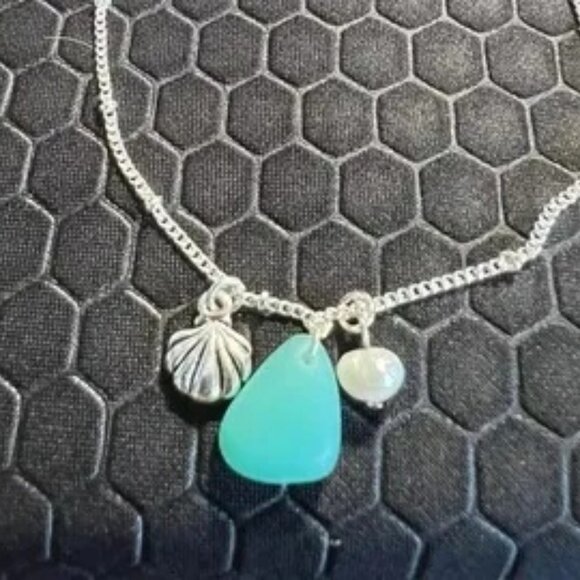 Seashell Anklet with Aqua Sea Glass and Pearl 18K White Gold Plated - Picture 1 of 1